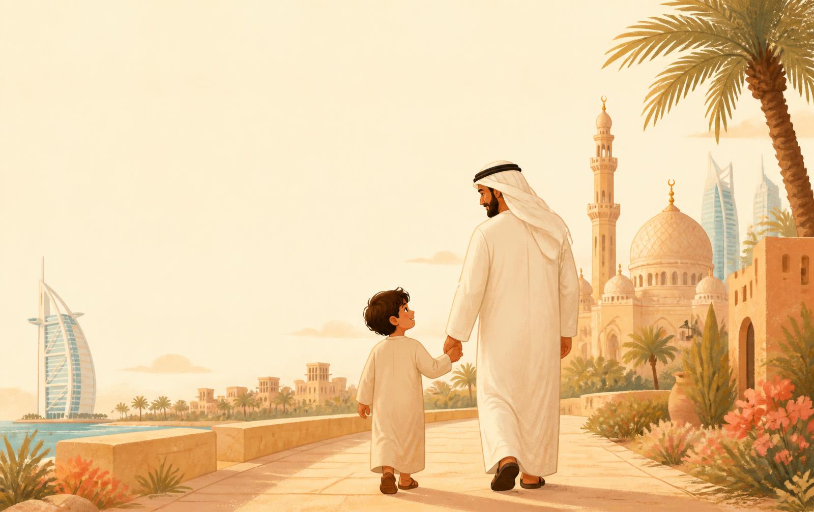 A parent and child walking together past UAE landmarks